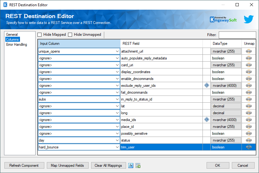 SSIS REST Twitter Business Destination - Columns